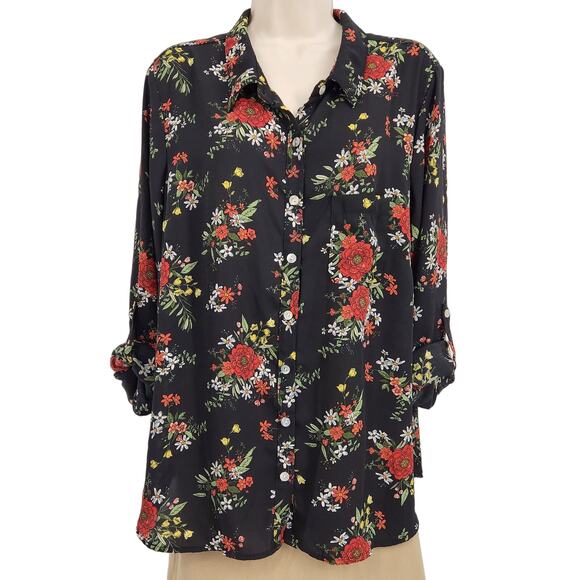 DNA Couture Blouse Women's Plus Size 2X Black Long Sleeve Floral Button Collar - Picture 1 of 11